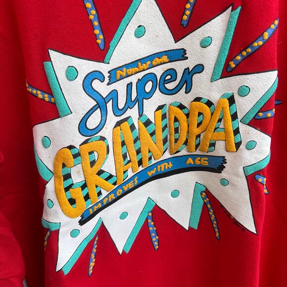 Vintage Ken Done Super Grandpa Sweatshirt Red One Size 90s Graphic Pullover - Picture 3 of 5